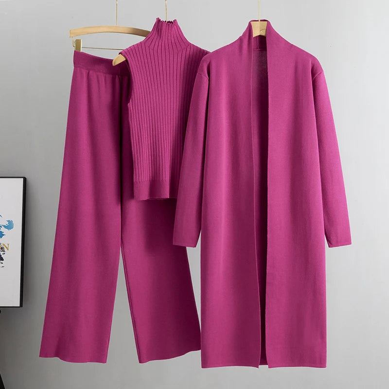 Elegant 3-delt Striksæt med Cardigan, Sweater og Bukser