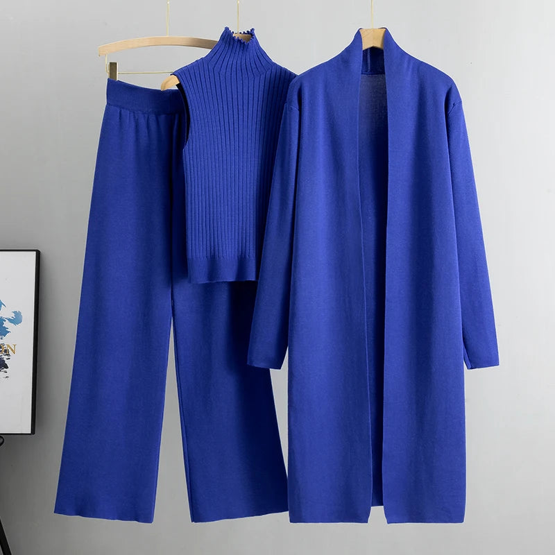 Elegant 3-delt Striksæt med Cardigan, Sweater og Bukser