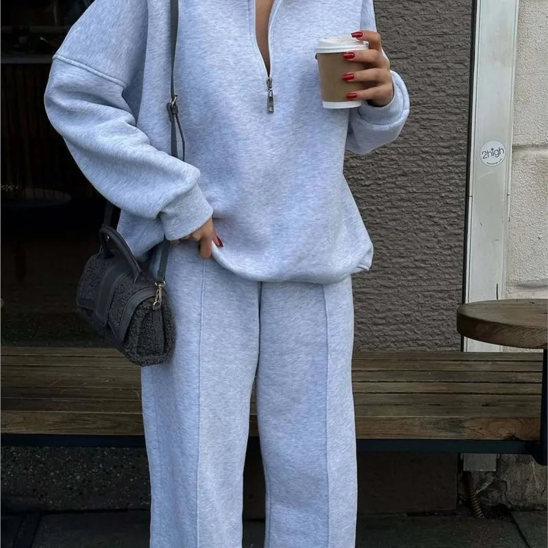 Casual 2-delt Sæt til Kvinder med Ensfarvet Pullover og Lange Ærmer