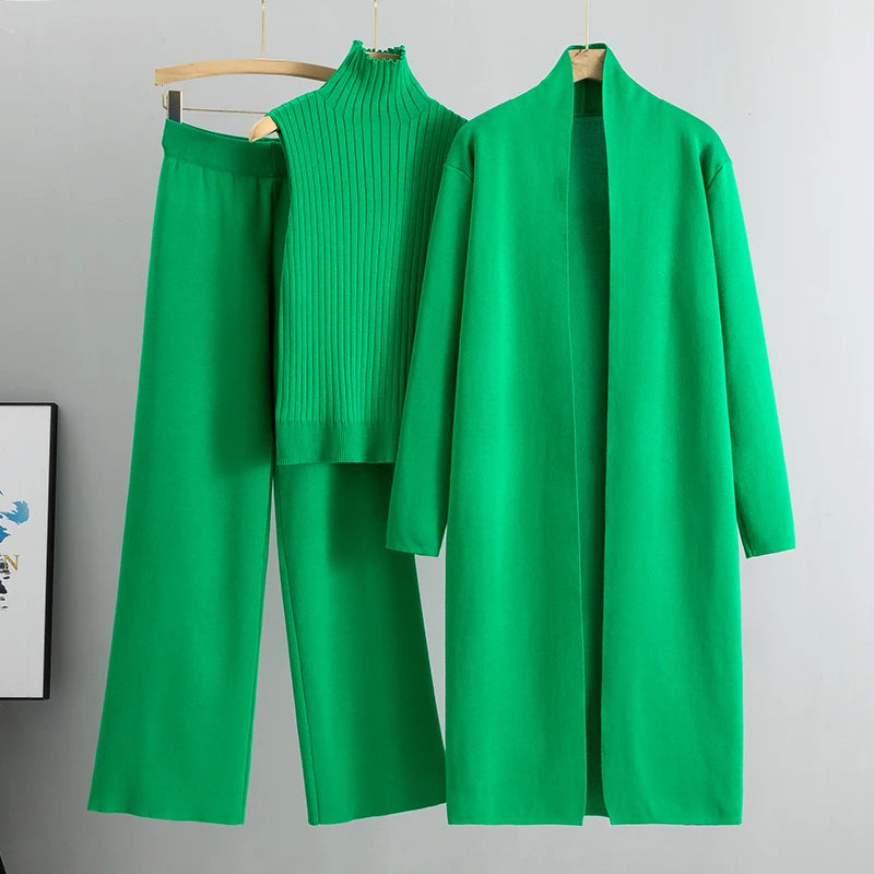 Elegant 3-delt Striksæt med Cardigan, Sweater og Bukser
