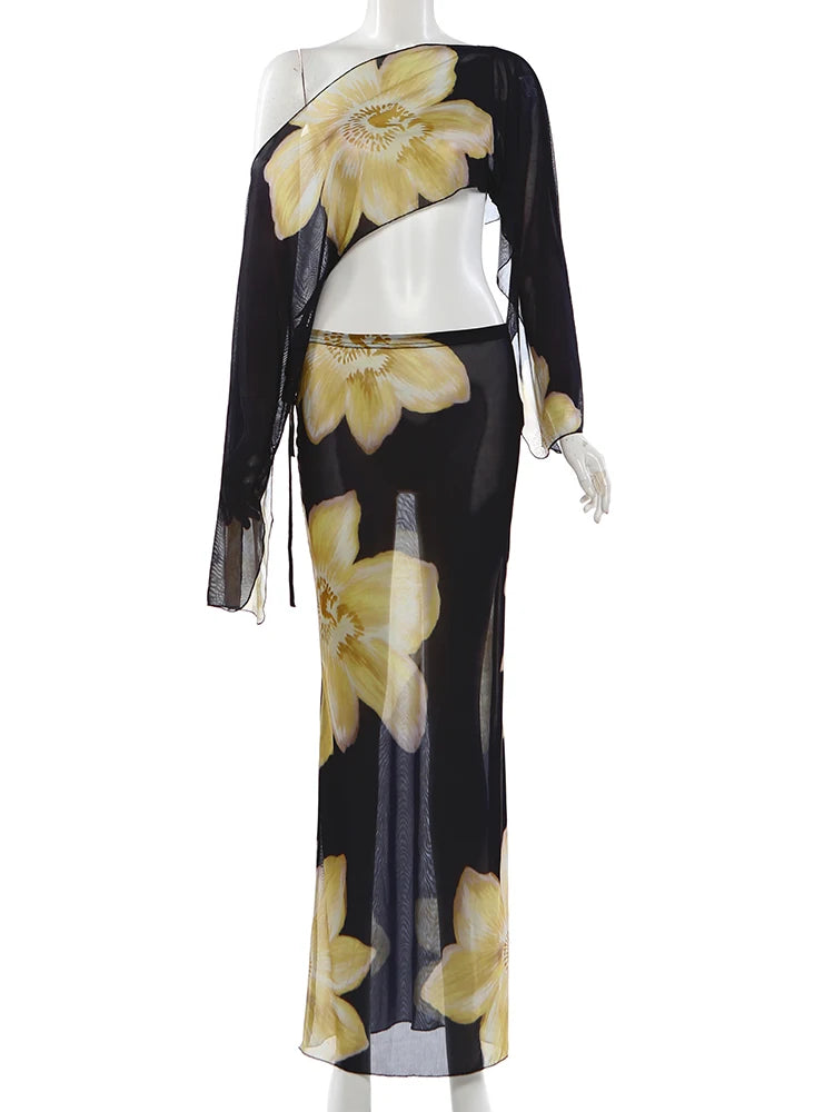 Elegant 2-delt Sæt med Blomstret Top med Asymmetrisk Halsudskæring og Lang Nederdel