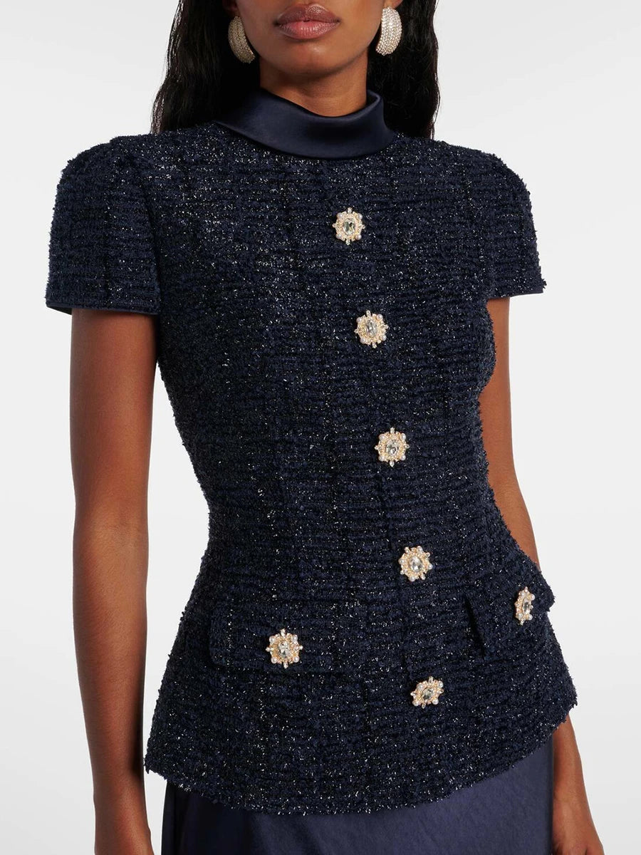 Elegant 2-delt Sæt med Tweedbluse og Højtaljet Maxi-nederdel