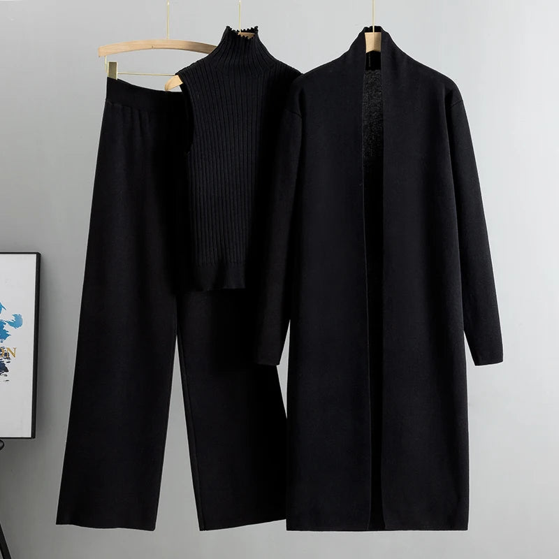 Elegant 3-delt Striksæt med Cardigan, Sweater og Bukser