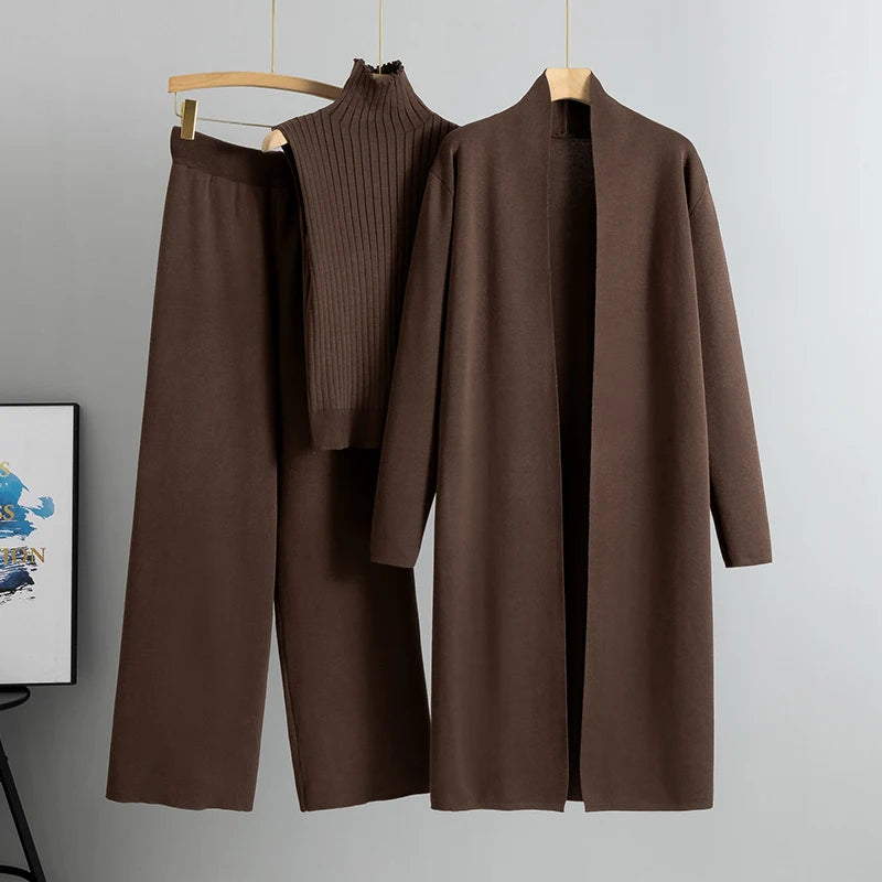 Elegant 3-delt Striksæt med Cardigan, Sweater og Bukser