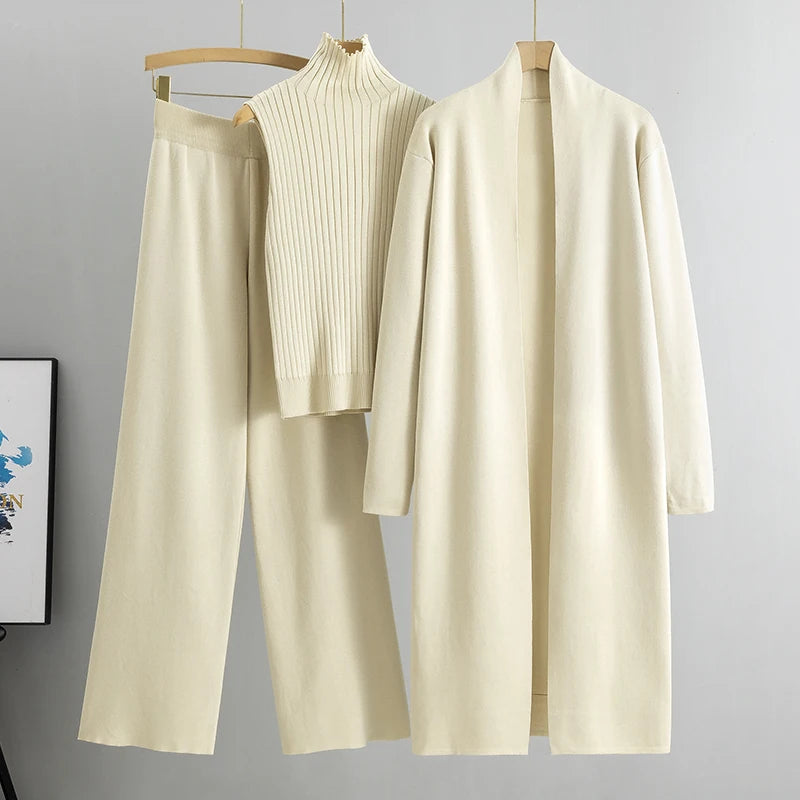 Elegant 3-delt Striksæt med Cardigan, Sweater og Bukser