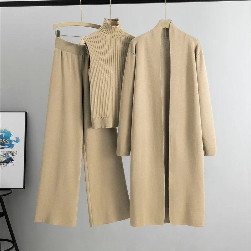 Elegant 3-delt Striksæt med Cardigan, Sweater og Bukser