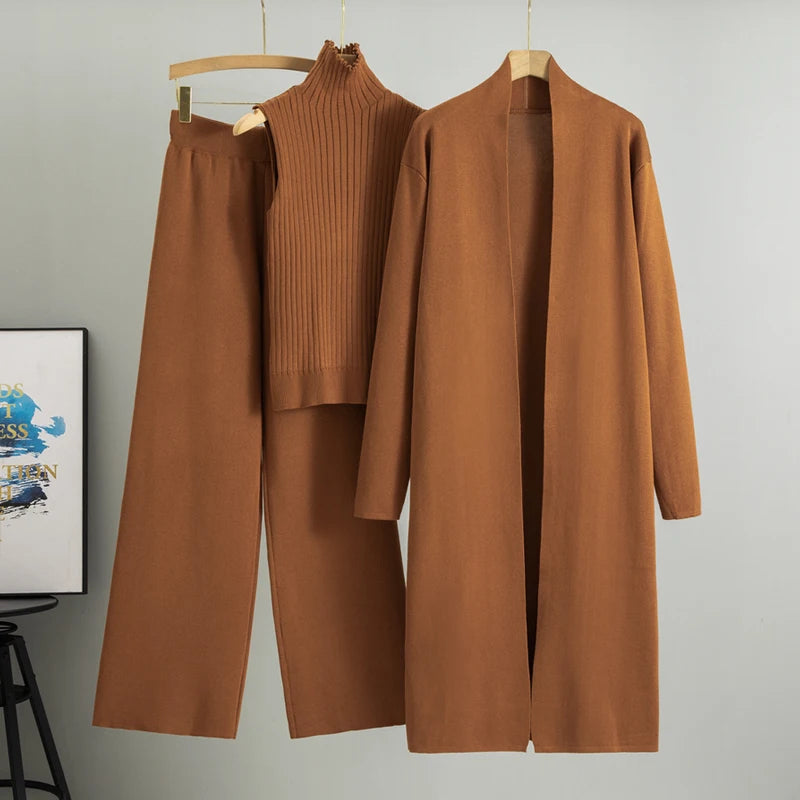 Elegant 3-delt Striksæt med Cardigan, Sweater og Bukser