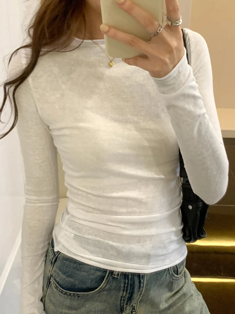 Langærmet T-shirt med rynkedetaljer og rund hals