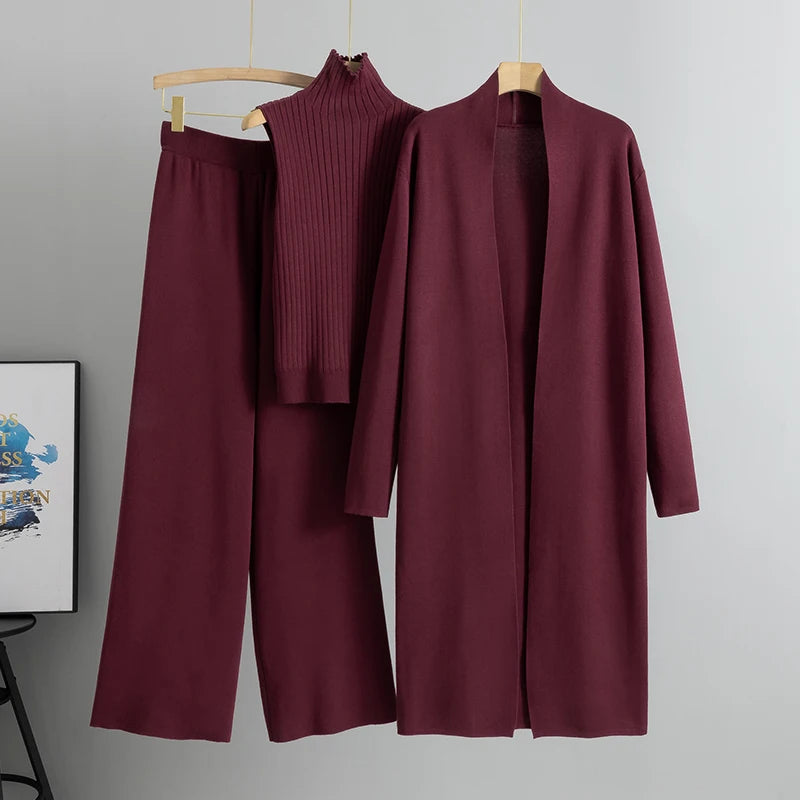Elegant 3-delt Striksæt med Cardigan, Sweater og Bukser