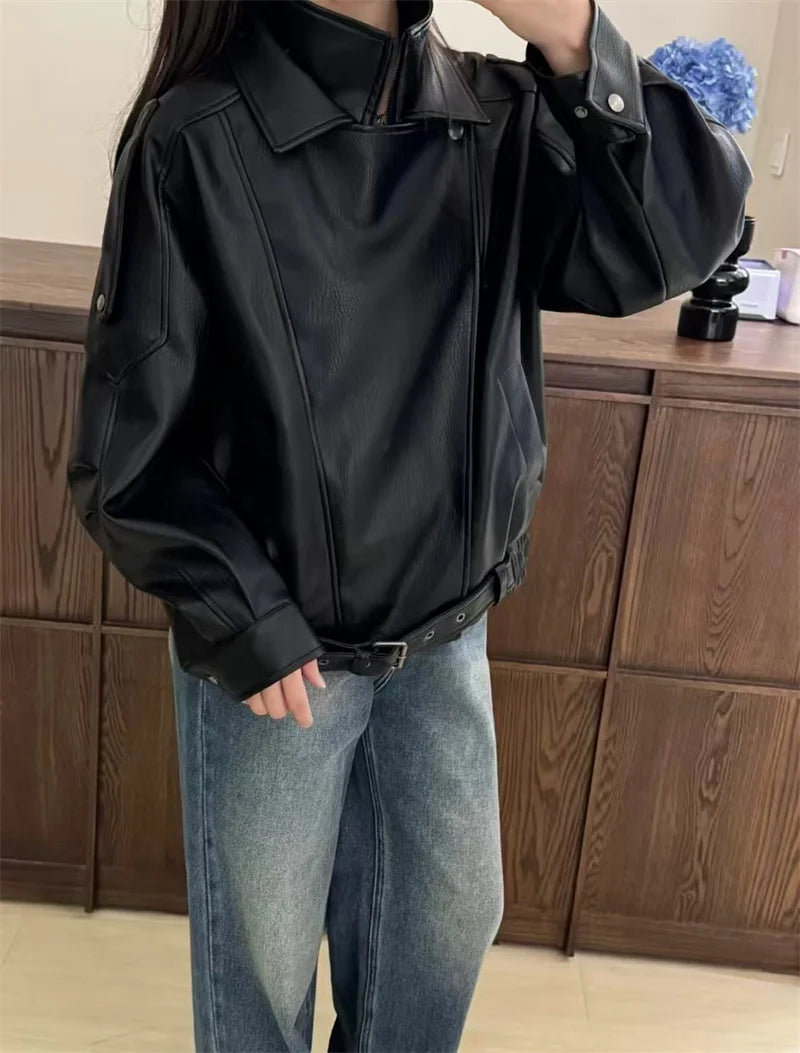 Oversized Bikerjakke i Kunstlæder med Lynlås