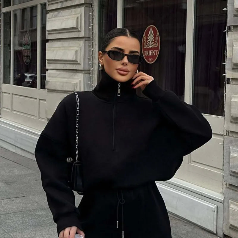 Casual 2-delt Sæt til Kvinder med Ensfarvet Pullover og Lange Ærmer