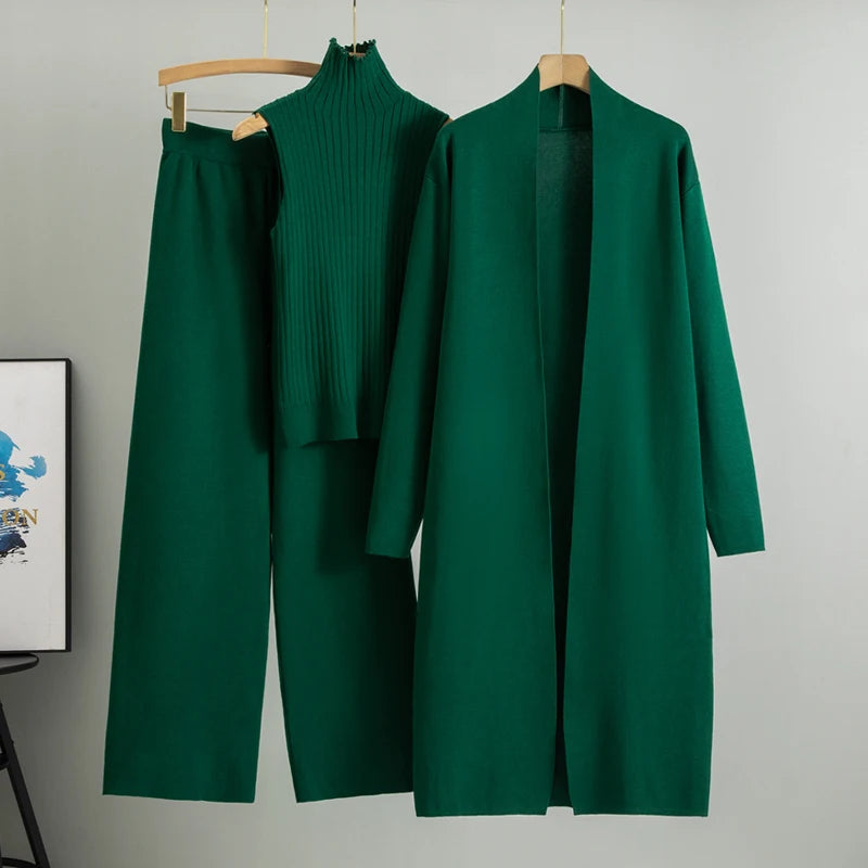 Elegant 3-delt Striksæt med Cardigan, Sweater og Bukser