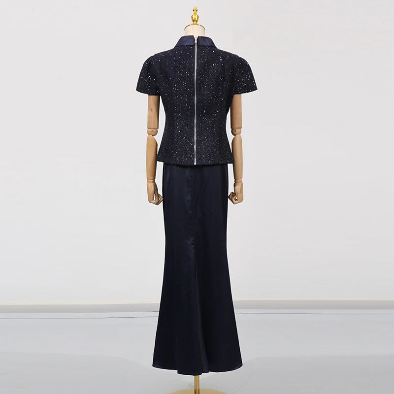 Elegant 2-delt Sæt med Tweedbluse og Højtaljet Maxi-nederdel