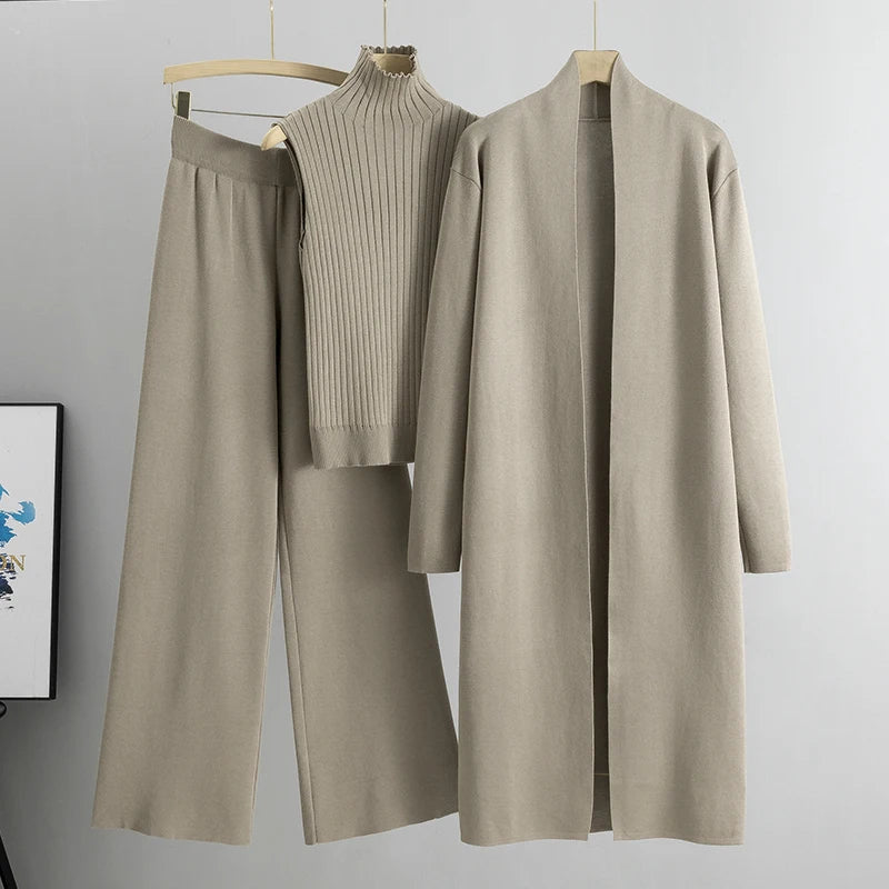Elegant 3-delt Striksæt med Cardigan, Sweater og Bukser