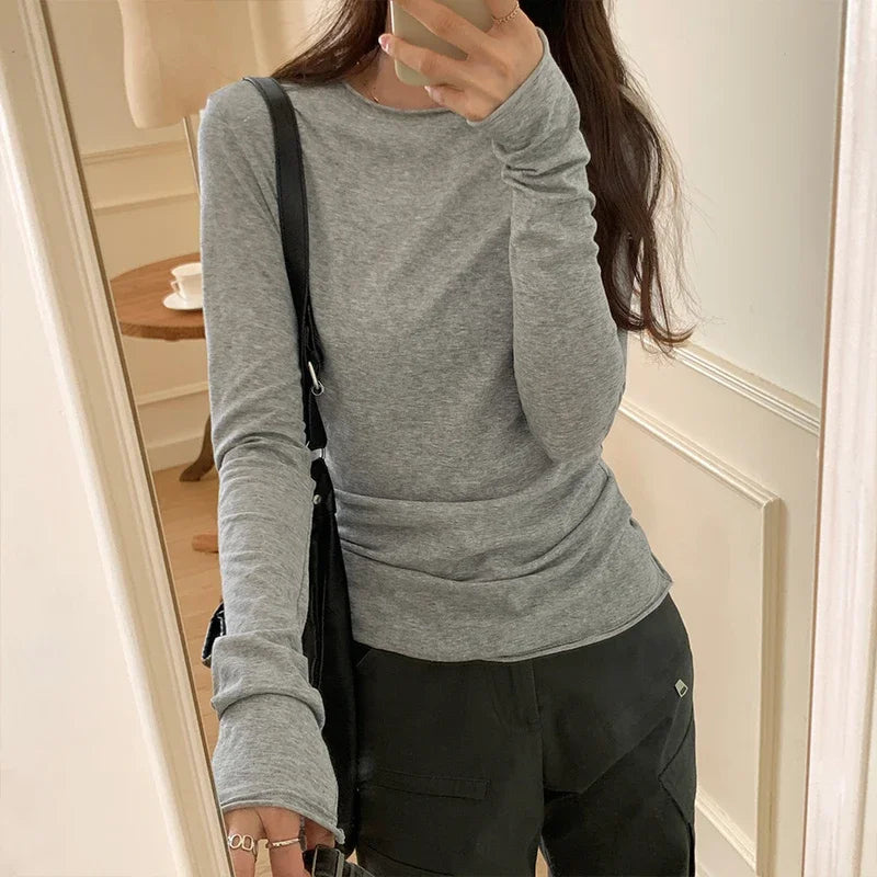 Langærmet T-shirt med rynkedetaljer og rund hals